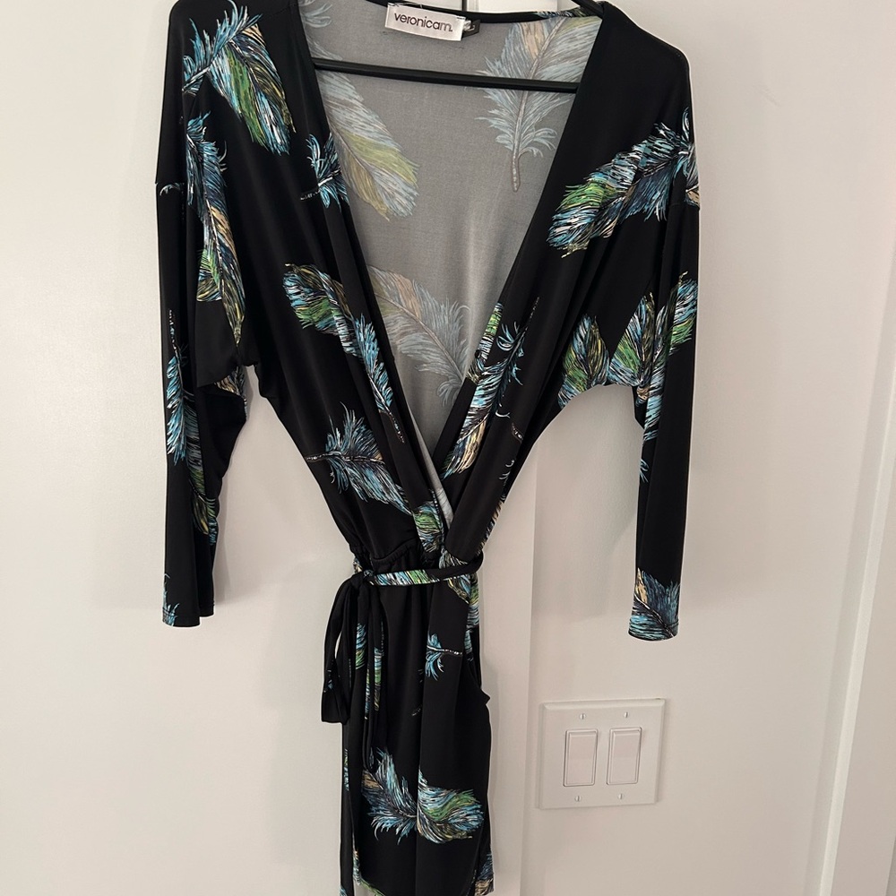 Veronica M Black and Blue Feather Print Shorts Romper